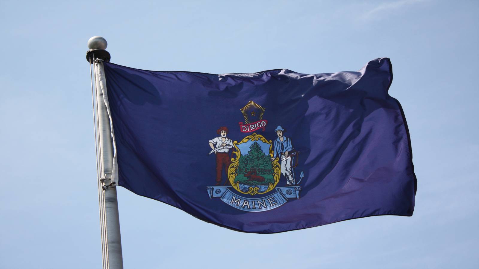 The flag of Maine waving from a flagpole