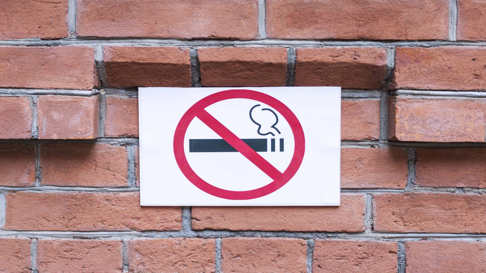 A smoking ban sign on a brick wall