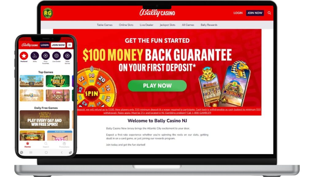 Bally online casino New Jersey superimposed onto a laptop and smartphone screen, isolated on white.