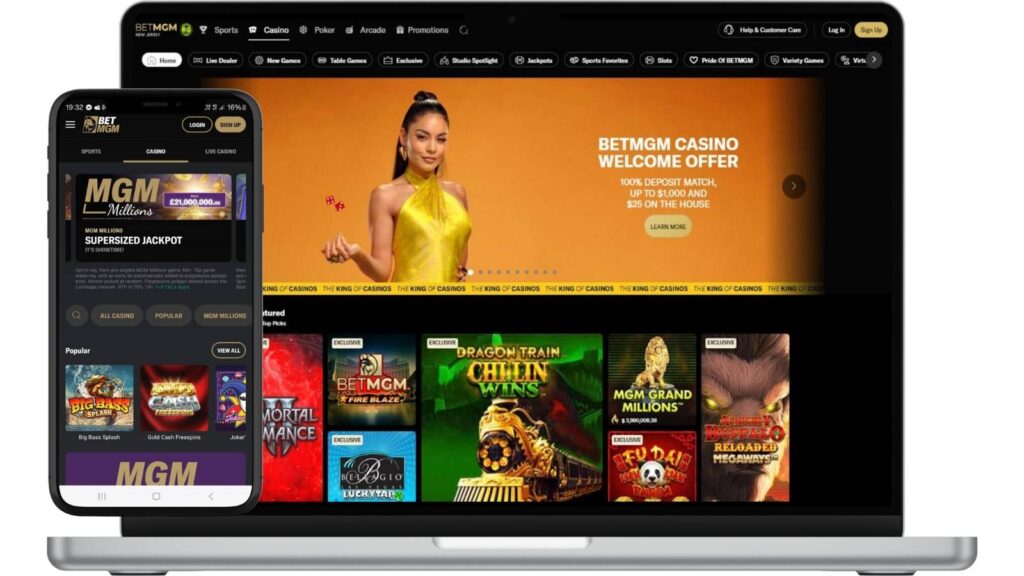 BetMGM online casino New Jersey, superimposed onto a laptop and smartphone screen.