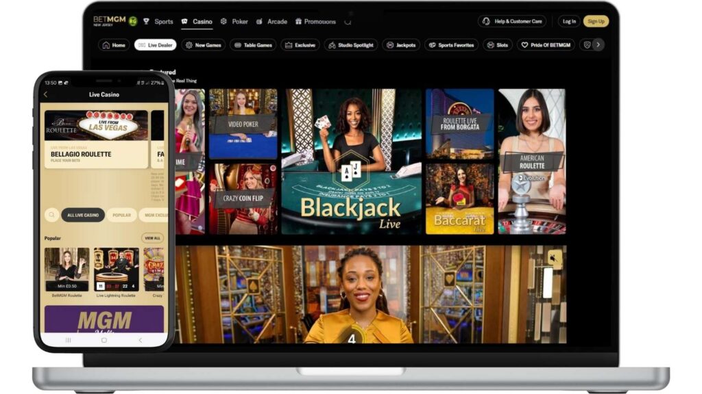 BetMGM Casino live dealer lobby mockups on laptop and smartphone.