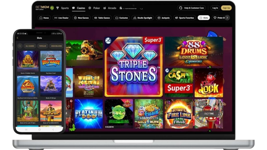 Screenshots of BetMGM slots lobby on smartphone and laptop.