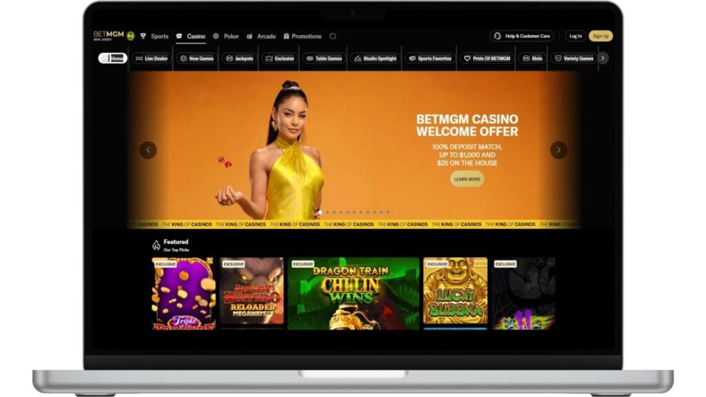 BetMGM casino Welcome Offer banner on a mockup of a laptop screen.