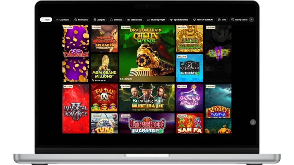 Mockup of BetMGM home screen on a laptop, showing the selection of new games available.