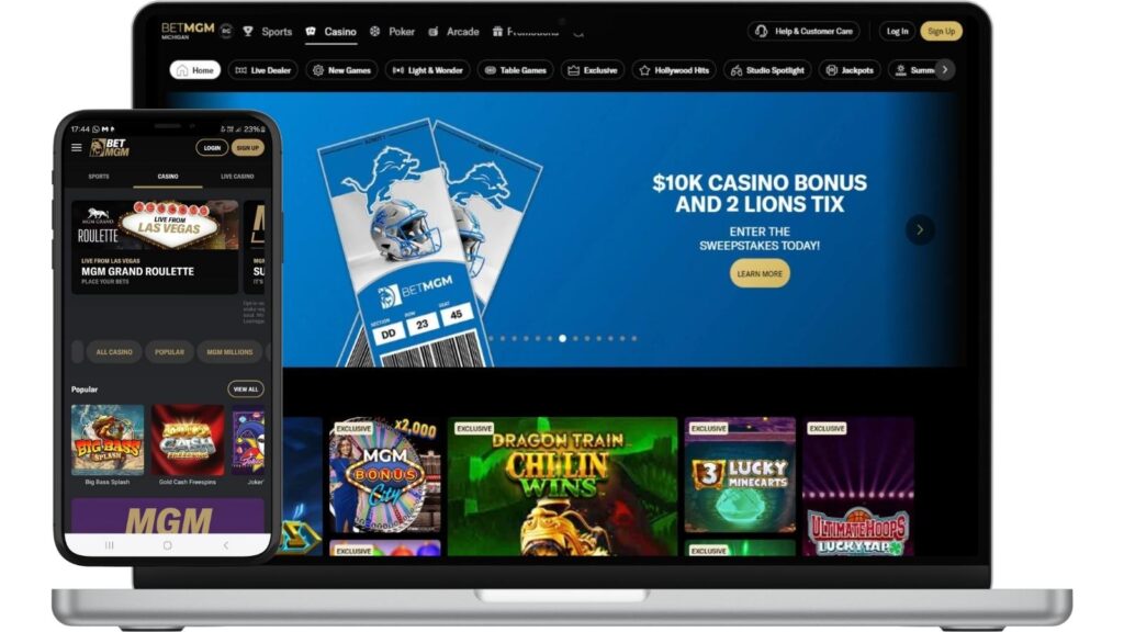 Mockups of BetMGM Casino Michigan homepage on desktop and smartphone screens.