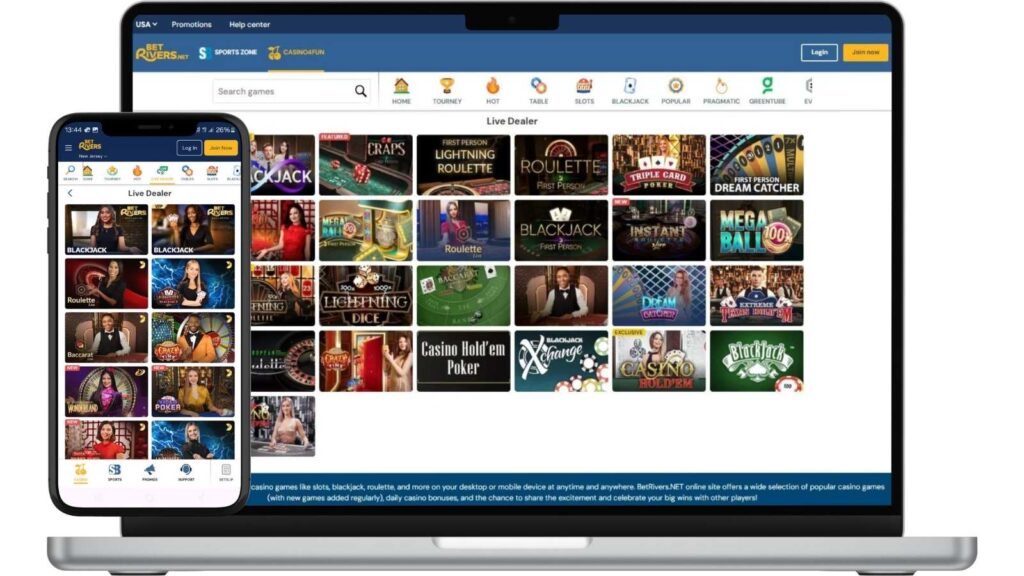 Mockups of BetRivers Casino Online live dealer lobby on smartphone and laptop screens.
