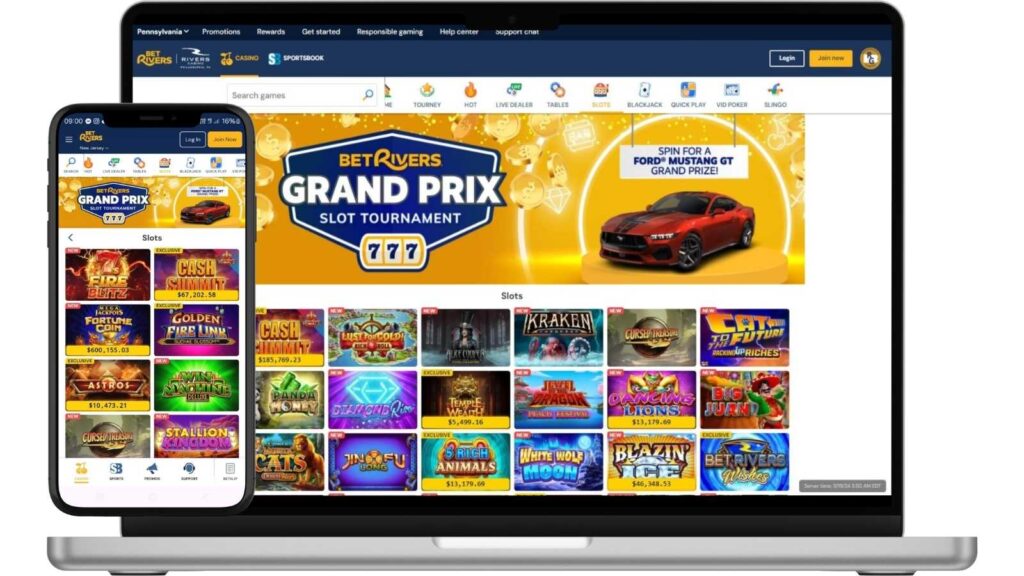 Screenshots of BetRivers Slots lobby. superimposed onto laptop and smartphone mockups.