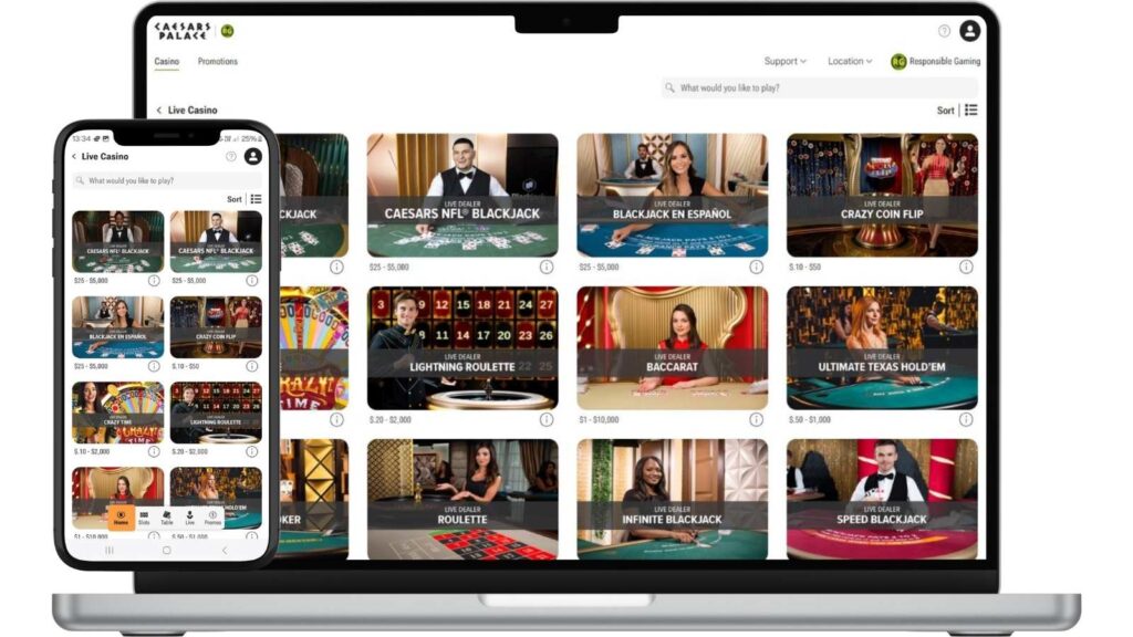 Screenshots of Caesars Palace Online live dealer casino lobby mocked up on a smartphone and laptop screens.