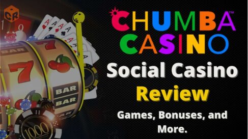 Chumba Casino social casino review written across a graphic of casino games, with the drum of a slot machine most prominent.