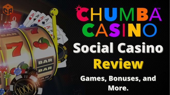 Chumba Casino social casino review written across a graphic of casino games, with the drum of a slot machine most prominent.