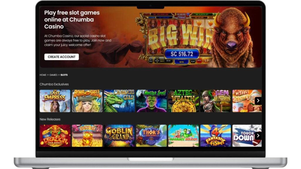 Laptop mockup of the available slots screen at Chumba Casino.