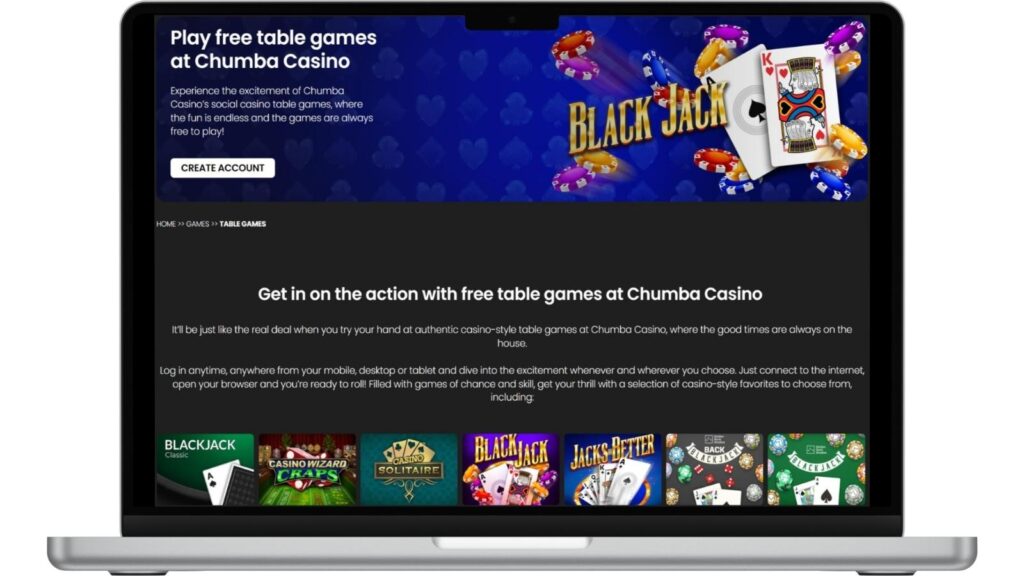 Table games landing page from Chumba Casino, on a mockup of a laptop.