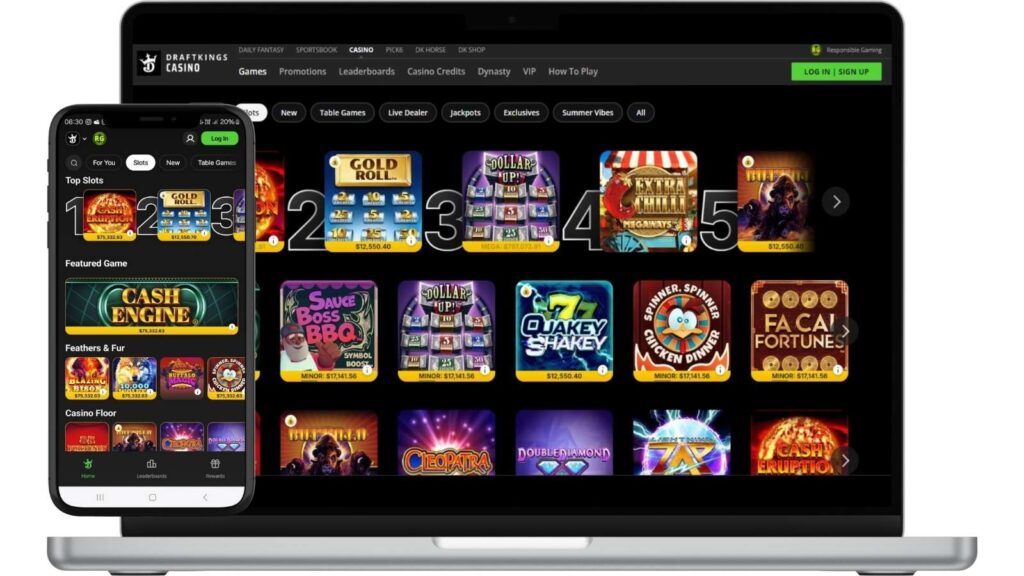 Screenshots of DraftKings slots lobby on smartphone and laptop.