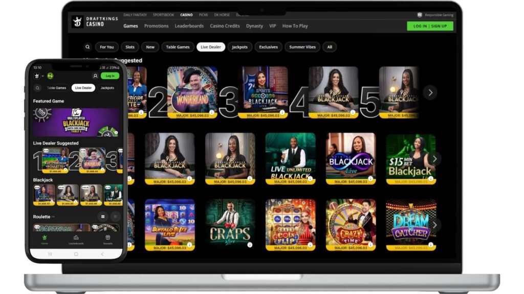 DraftKings live dealer casino lobby screenshots on mockups of a laptop and smartphone.