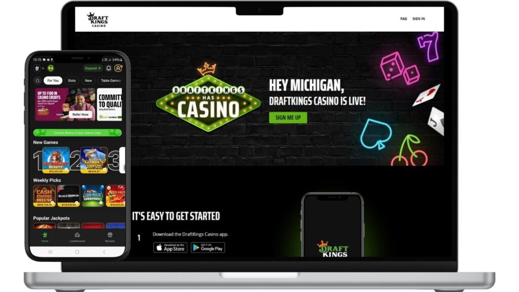 Mockups of DraftKings Online Casino Michigan homepage on desktop and smartphone screens.