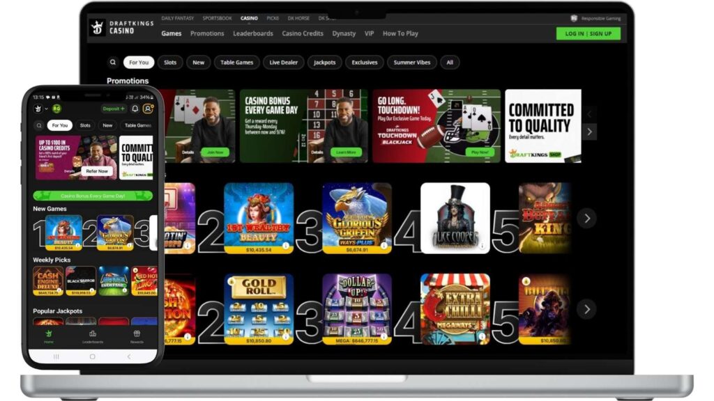 Mockups of DraftKings casino homepage on desktop and smartphone screens.