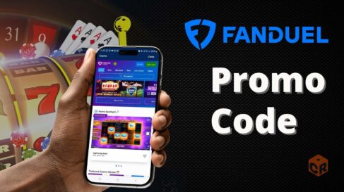 FanDuel Casino Promo Code, written across a backdrop of casino graphics, with a smartphone app showing FanDuel Homepage screenshot.