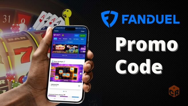 FanDuel Casino Promo Code, written across a backdrop of casino graphics, with a smartphone app showing FanDuel Homepage screenshot.