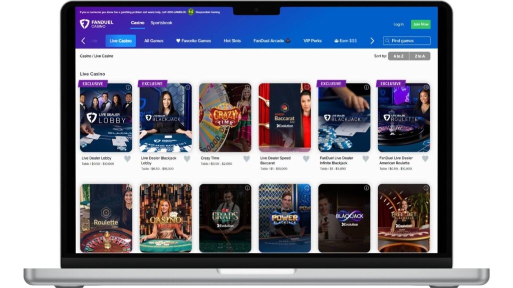 Live dealer lobby screenshot at FanDuel Casino.