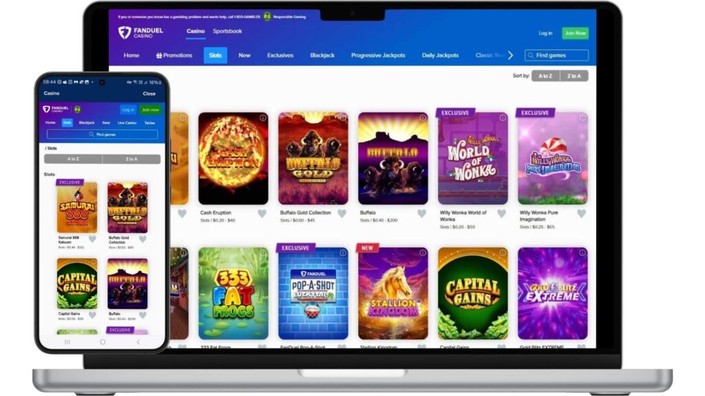 Laptop and smartphone mockups of FanDuel slots lobby.