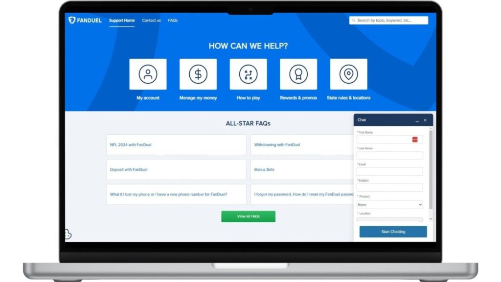 Screenshot of FanDuel casino support options.