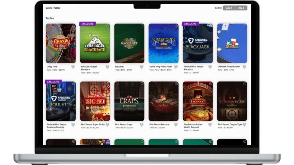 Table games lobby screenshot at FanDuel Casino.