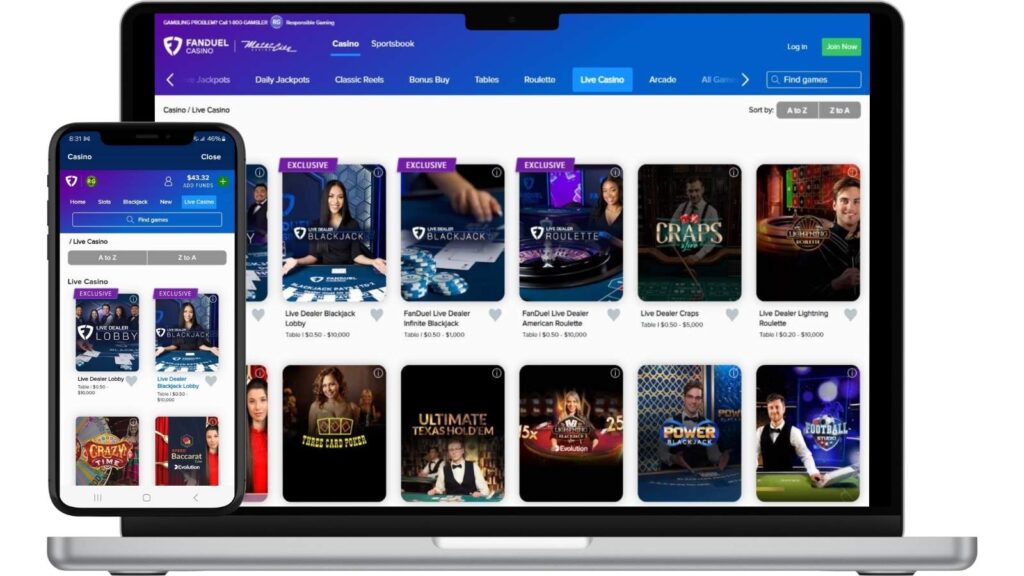 FanDuel live dealer casino lobby screenshots on desktop and Android app.