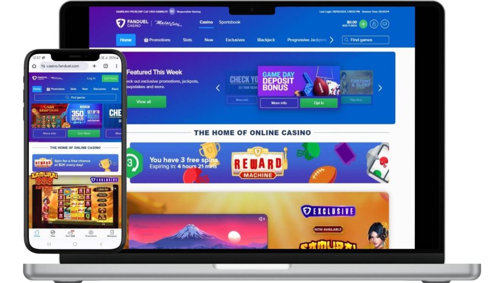 Mockups of FanDuel Online Casino Michigan homepage on desktop and smartphone screens.