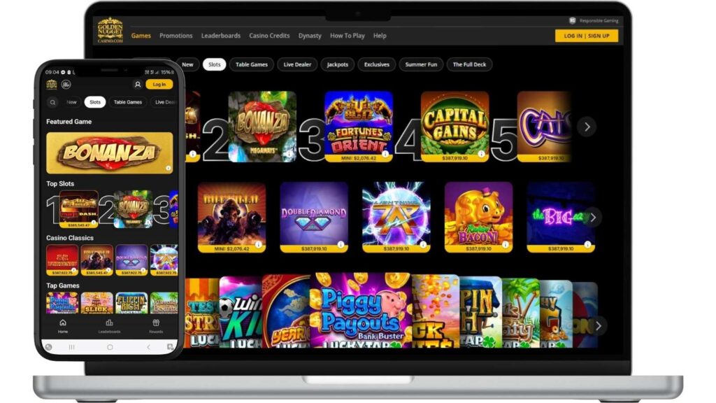 Golden Nugget Slots lobby on mockups of a smartphone and laptop.