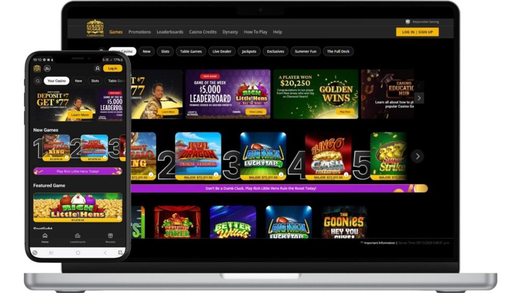 Mockups of Golden Nugget Online Casino Michigan homepage on desktop and smartphone screens.