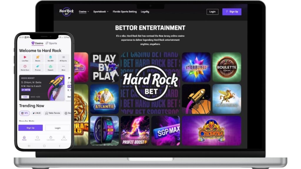 Smartphone and laptop mockups of the Hard Rock Bet NJ online casino.