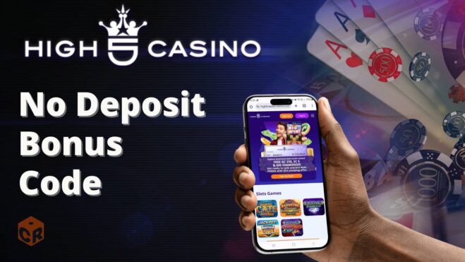 High 5 Casino logo with 'No Deposit Bonus Code' written beneath, beside a smartphone mockup of the casino homepage.