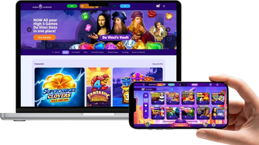 High 5 casino app and desktop mockups on smartphone and laptop.