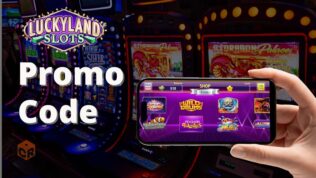 LuckyLand slots logo and 'Promo Code' written across a casino slots lobby, with a screenshot of LuckyLand homepage on smartphone.