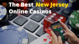 The best New Jersey online casinos written across a graphic of casino games, with two hands holding a smartphone with a casino app.