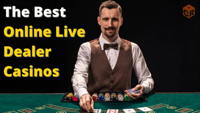 The best online live dealer casinos written beside a male blackjack croupier with a moustache.