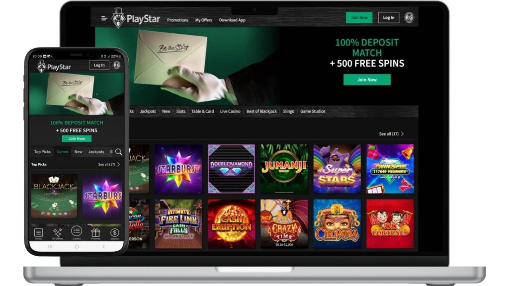 PlayStar Casino NJ superimposed onto mockups of laptop and smartphone screens.