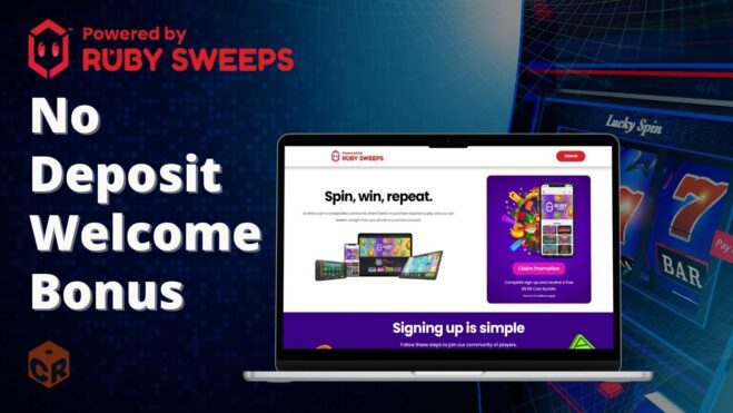 Ruby Sweeps no deposit welcome bonus written next to a screenshot of the sites homepage, superimposed over a slots graphic in the background.