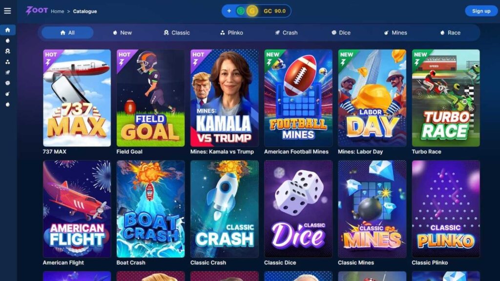 Screenshot of the Zoot social casino homepage.