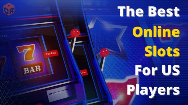 best online slots for US players next to a bright blue graphic of a slot machine showing 7s.