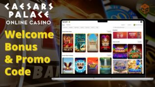 Caesars Palace Online Casino logo above the text 'No Deposit Welcome Bonus', beside their homepage on a laptop screen.