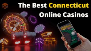 The best Connecticut online casinos written across a graphic of neon casino games on black background.