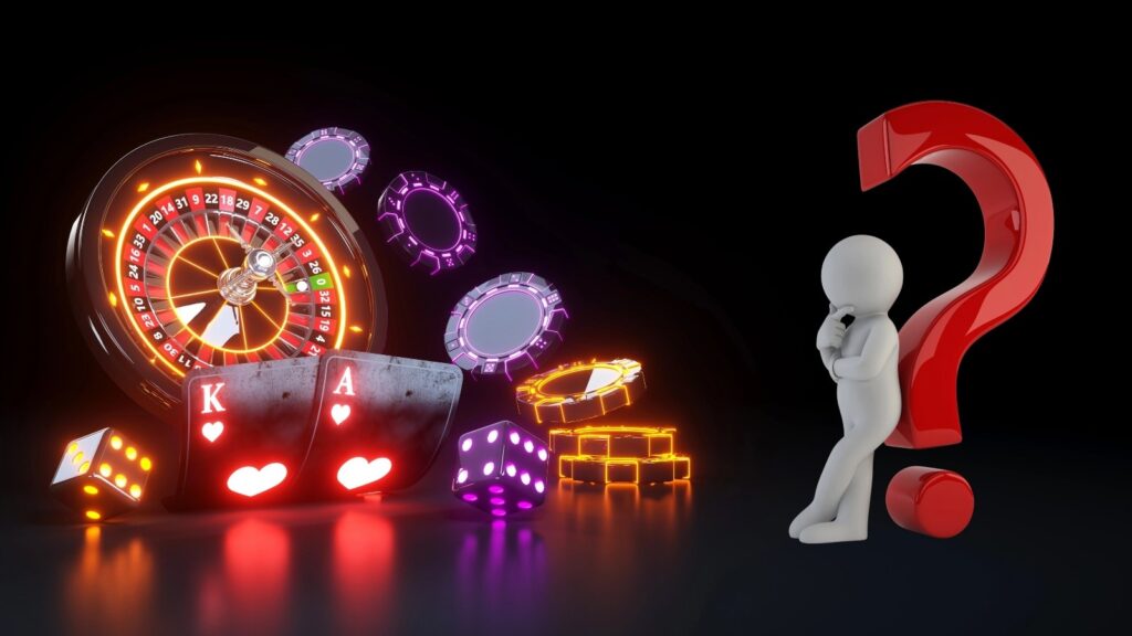 Futuristic looking casino elements, with an animated man leaning on a red question mark, signifying questions to ask on the NY online casino scene.