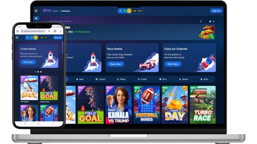 zoot casino homepage on mockups of a laptop and a smartphone.