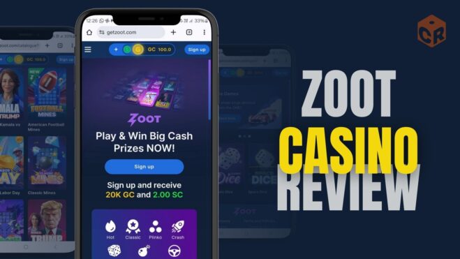 Zoot casino review written next to some semi-transparent smartphone screenshots and a full height clear screenshot of the casino web interface.