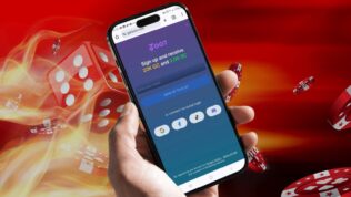 Smartphone with a Zoot casino welcome off promo code, superimposed on a casino dice graphic.