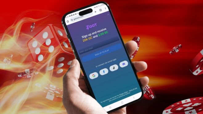 Smartphone with a Zoot casino welcome off promo code, superimposed on a casino dice graphic.