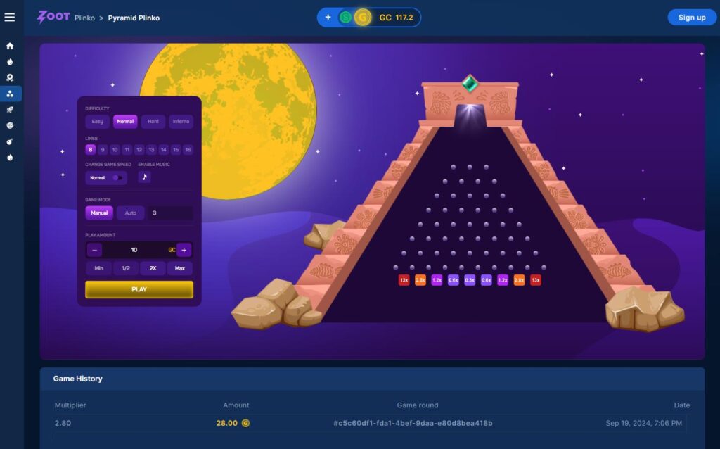 Screenshot of Zoot software pyramid Plink game.