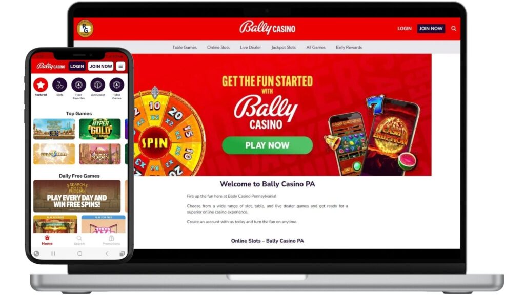 Bally Casino PA screenshots shown on smartphone and laptop screens.