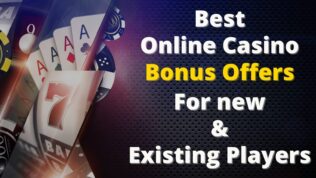 Best Online Casino Bonus Offers for ne wand existing players, written across graphic of different online casino games including dice and slots.